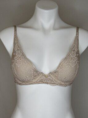 Victoria's Secret Beige Lace Overlay PLUNGE Bra 34C